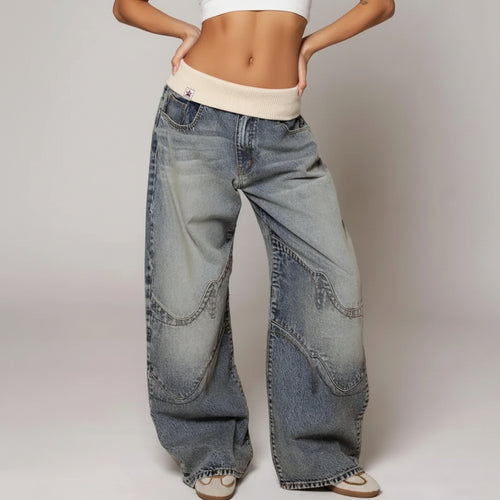 Distressed Denim Baggy Jeans Low Rise Light Blue 1