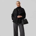 Double Breasted Wool Funnel Neck Jacket with Buttons Black 1
