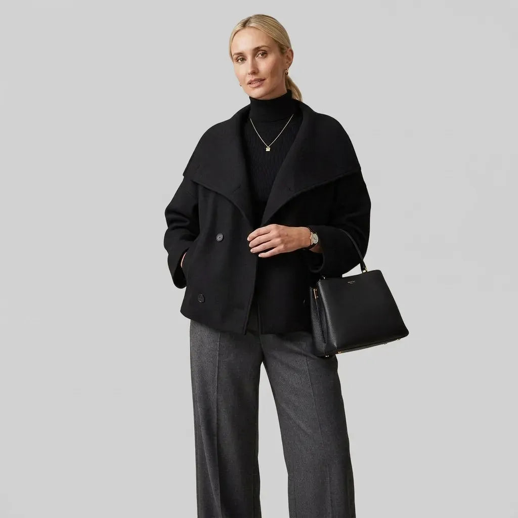 Double Breasted Wool Funnel Neck Jacket with Buttons Black 1