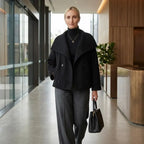 Double Breasted Wool Funnel Neck Jacket with Buttons Black 4