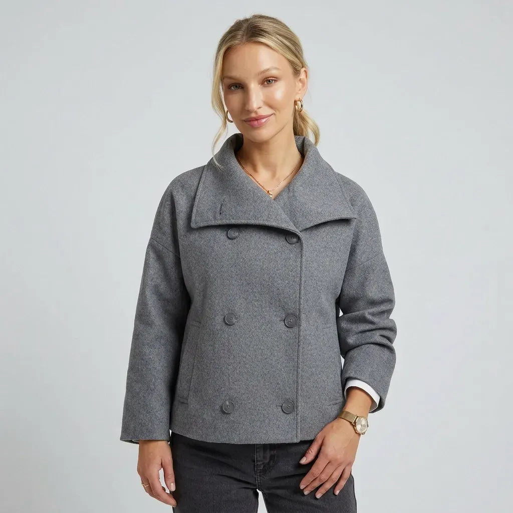 Double Breasted Wool Funnel Neck Jacket with Buttons Dark Grey 5