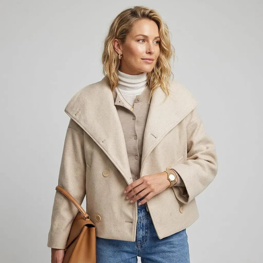 Double Breasted Wool Funnel Neck Jacket with Buttons Beige 6