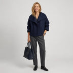 Double Breasted Wool Funnel Neck Jacket with Buttons Dark Blue 7