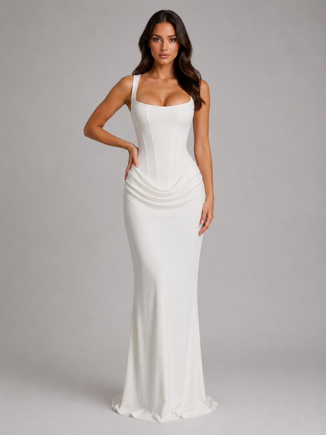 Draped Corset Bodycon Maxi Dress in White – 1