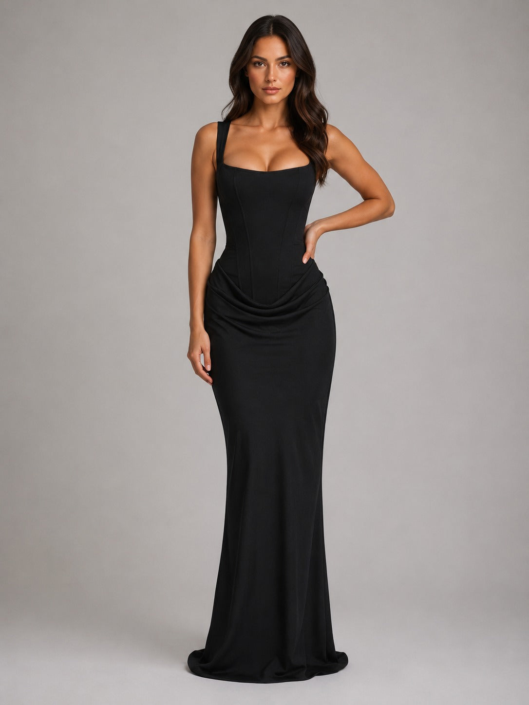 Draped Corset Bodycon Maxi Dress in Black – 3