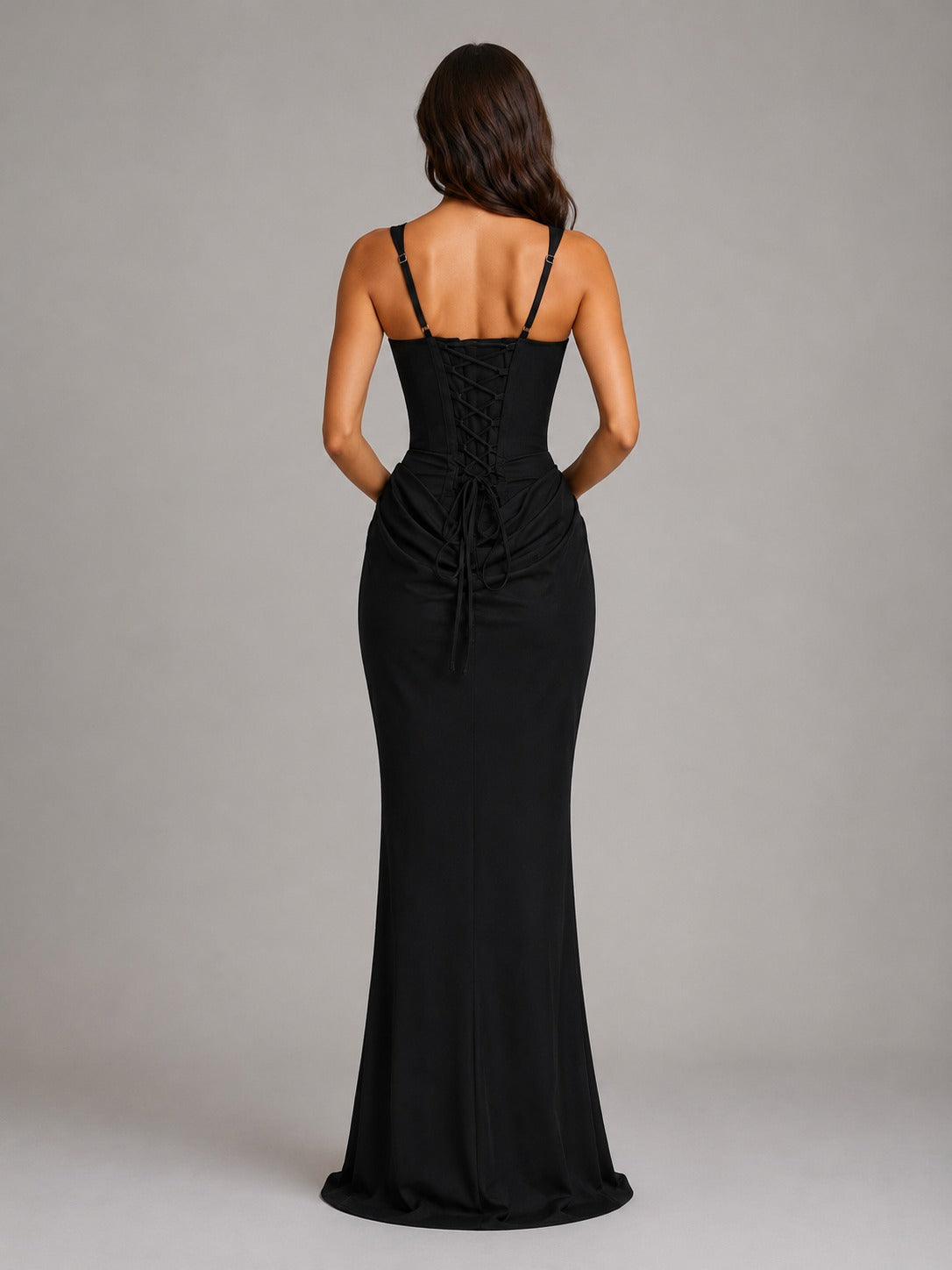 Draped Corset Bodycon Maxi Dress in Black – 4