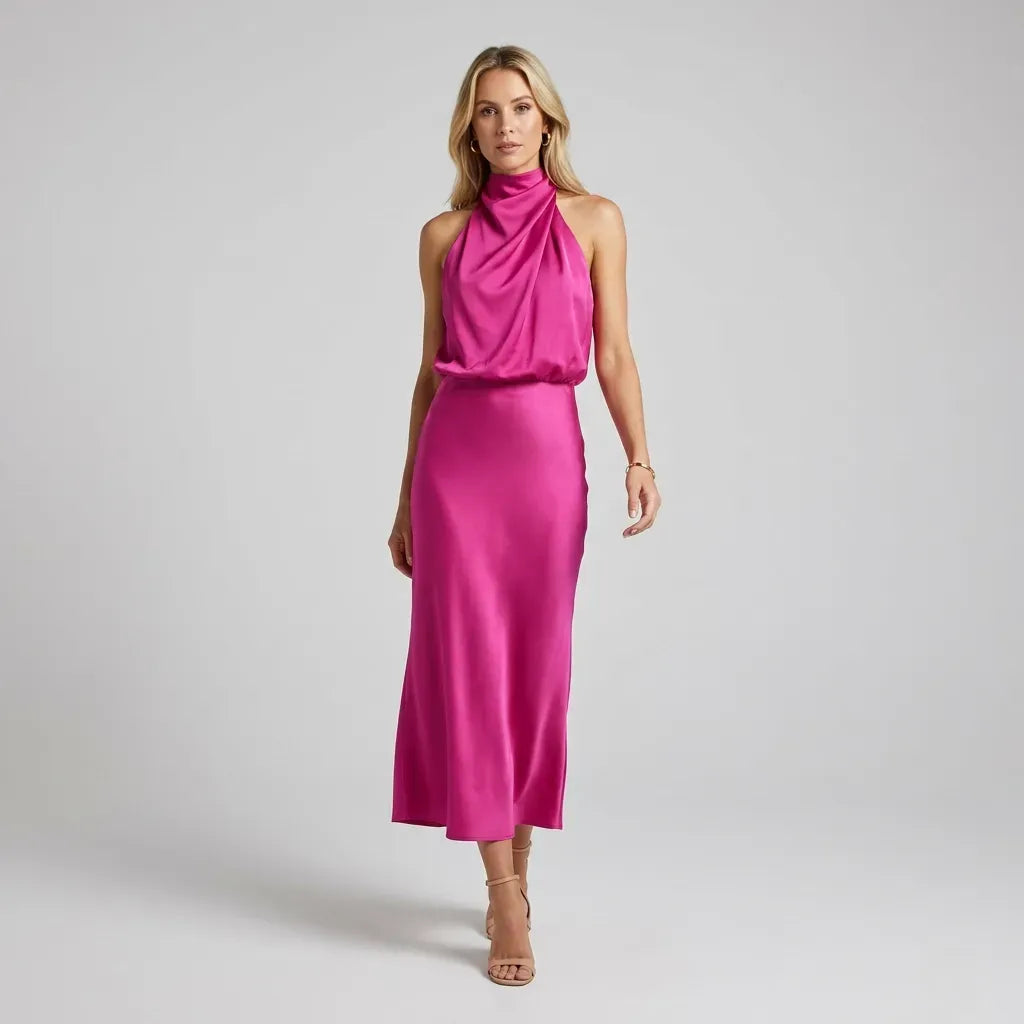 Draped Halter Top and Skirt Set Midi Satin Pink 1
