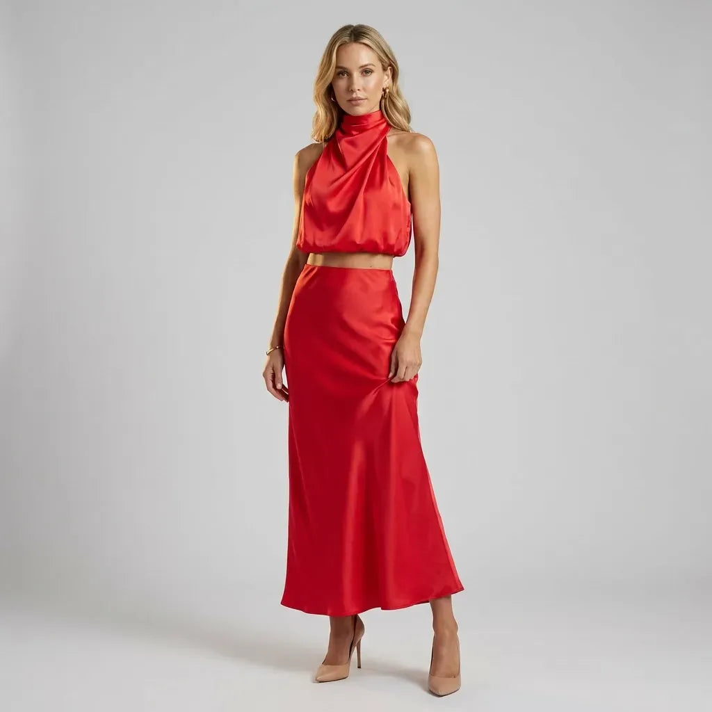 Draped Halter Top and Skirt Set Midi Satin Red 10