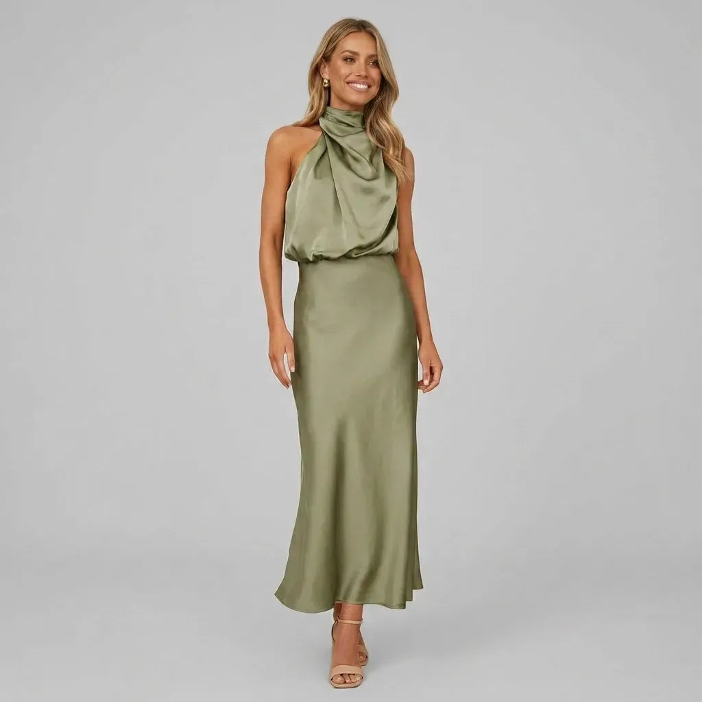 Draped Halter Top and Skirt Set Midi Satin Green 11