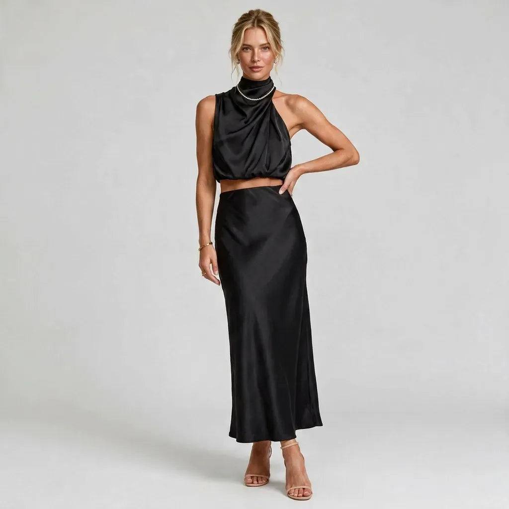 Draped Halter Top and Skirt Set Midi Satin Black 2