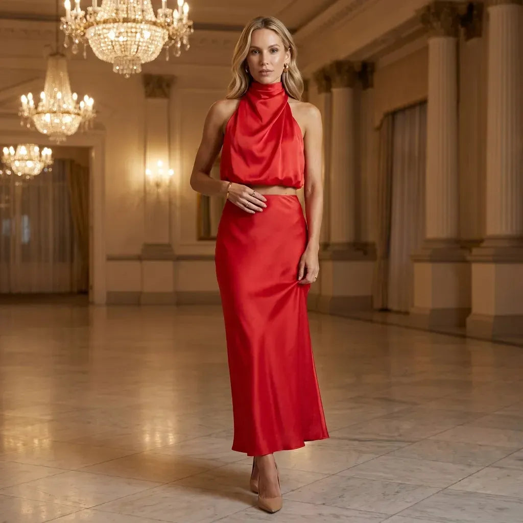 Draped Halter Top and Skirt Set Midi Satin Red 3