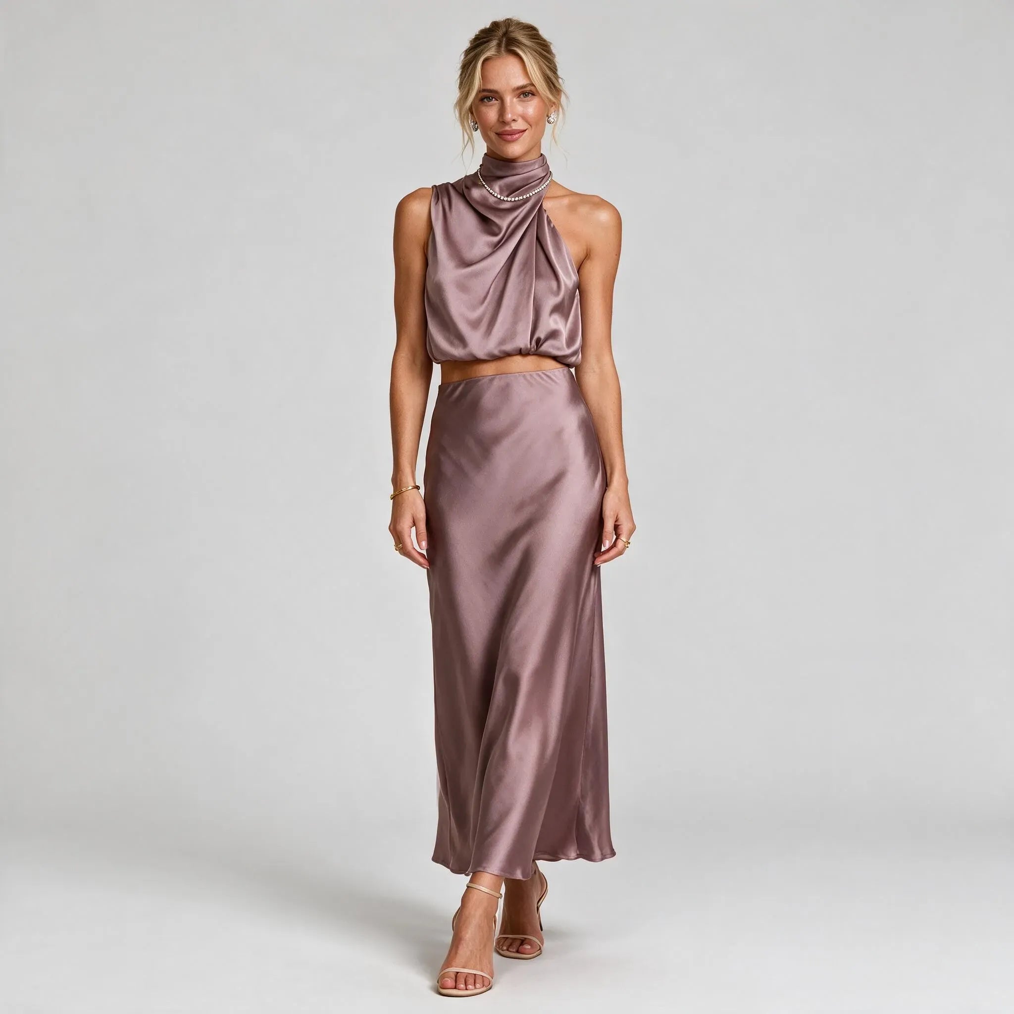 Draped Halter Top and Skirt Set Midi Satin Light Brown 5