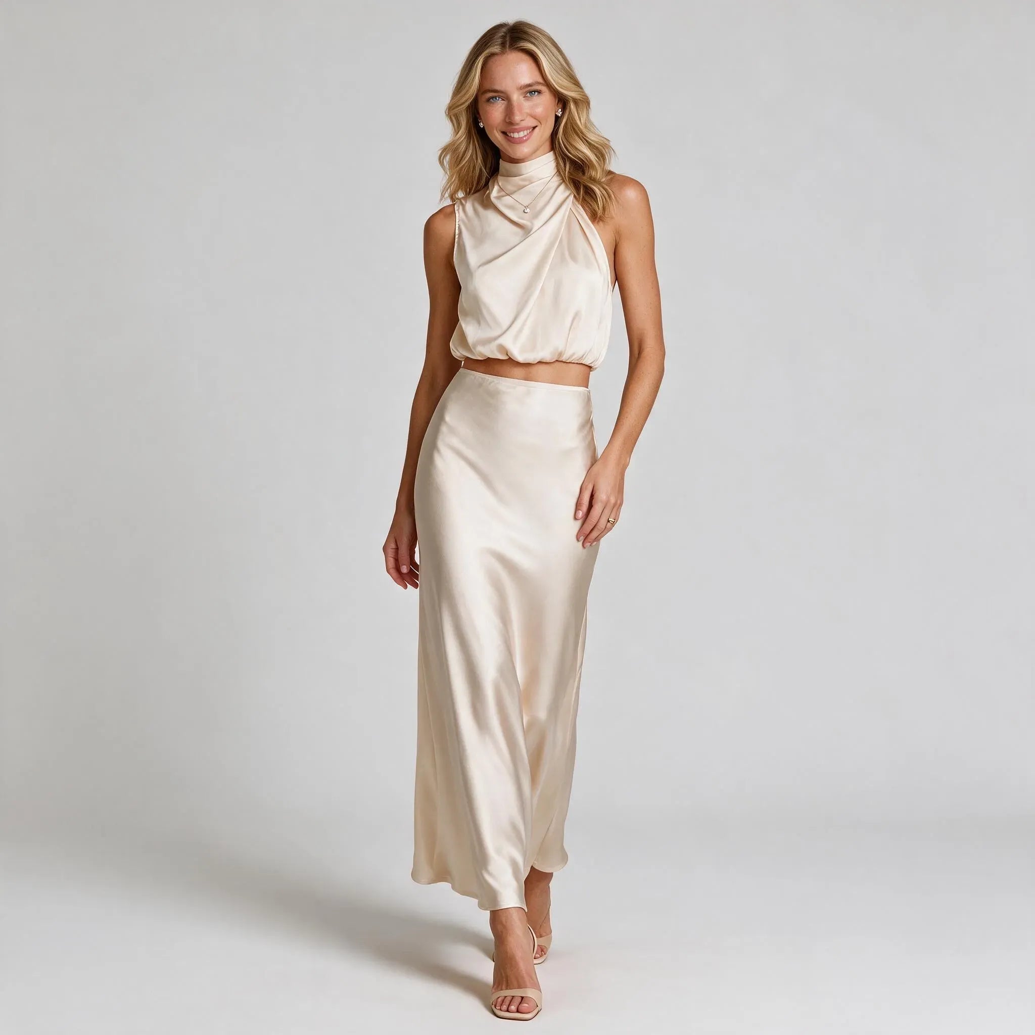 Draped Halter Top and Skirt Set Midi Satin Beige 6