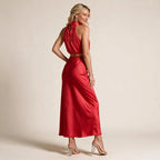 Draped Halter Top and Skirt Set Midi Satin Red 7