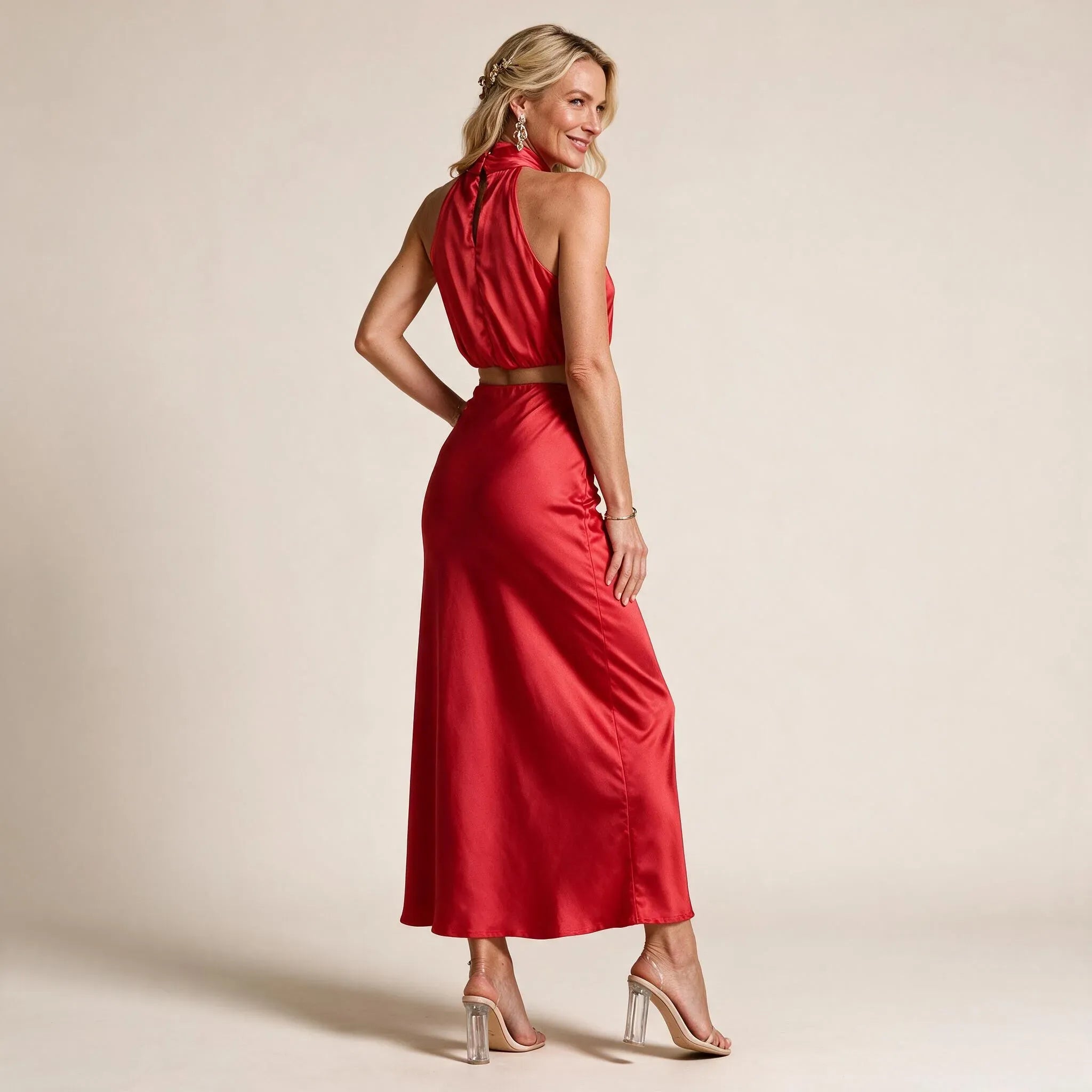Draped Halter Top and Skirt Set Midi Satin Red 7