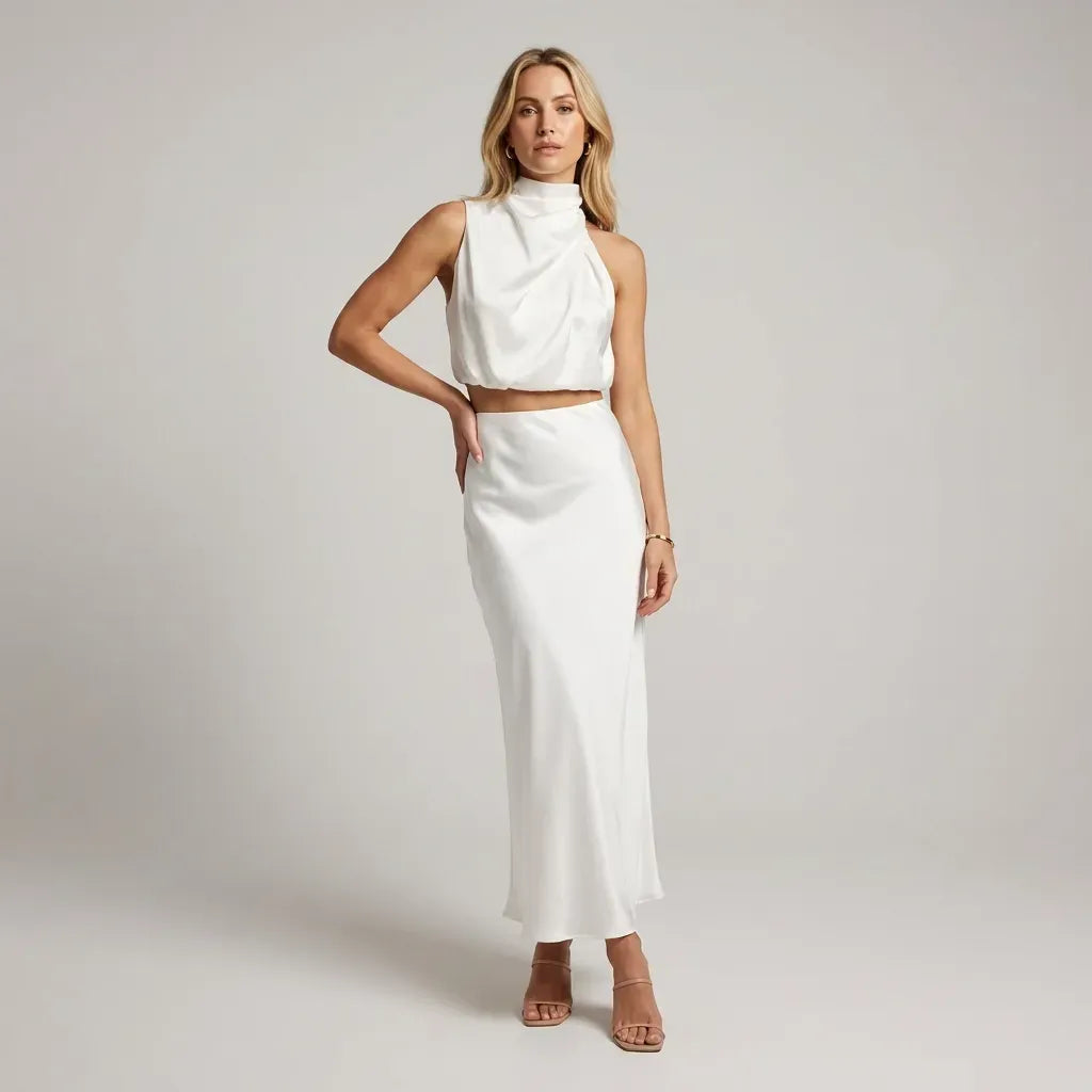 Draped Halter Top and Skirt Set Midi Satin White 8