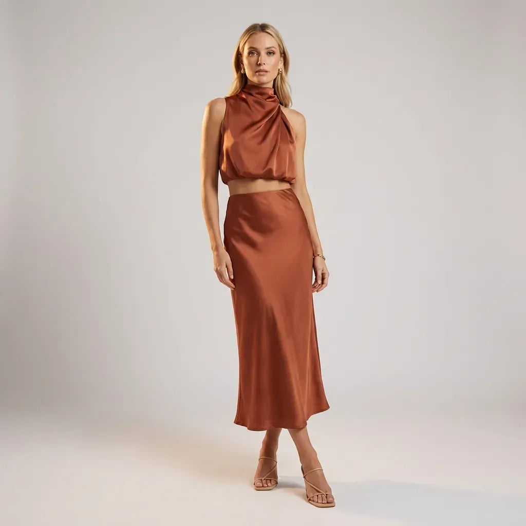 Draped Halter Top and Skirt Set Midi Satin Brown 9