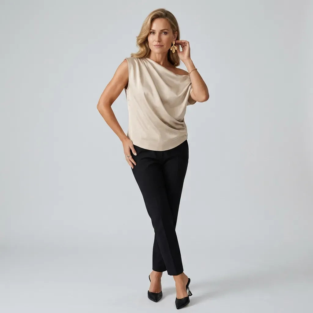 Draped One Shoulder Asymmetrical Top Beige 5