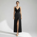 Draped V-Neck Wedding Guest Dress with Slit Black 1