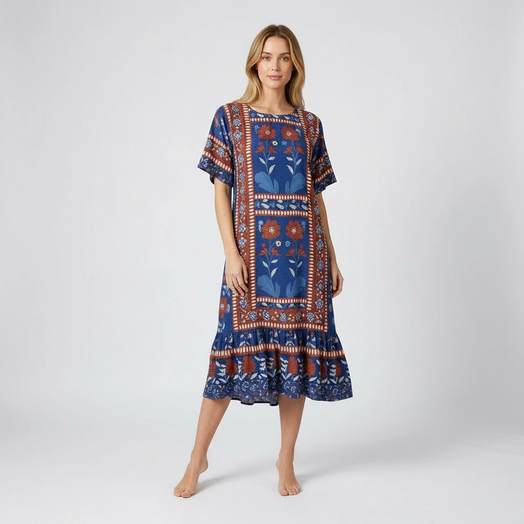 Women’s Folk Print Relaxed Midi Dress With Ruffle Hem