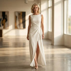 Elegant Boat Neck Dress with Slit Detail White 2