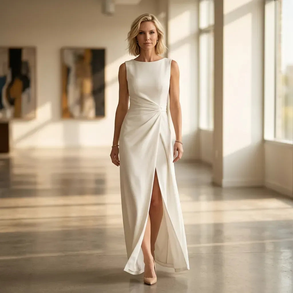 Elegant Boat Neck Dress with Slit Detail White 2