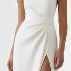 Elegant Boat Neck Dress with Slit Detail White 3