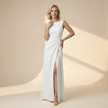 Elegant Boat Neck Dress with Slit Detail White 4