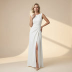 Elegant Boat Neck Dress with Slit Detail White 4