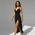 Elegant Bodycon Midi Dress with Spaghetti Straps and Side Split in Black – 1