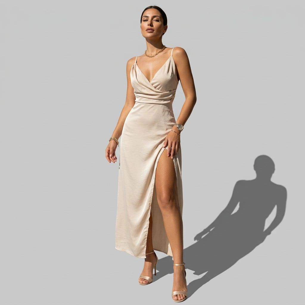 Elegant Bodycon Midi Dress with Spaghetti Straps and Side Split in Beige – 4