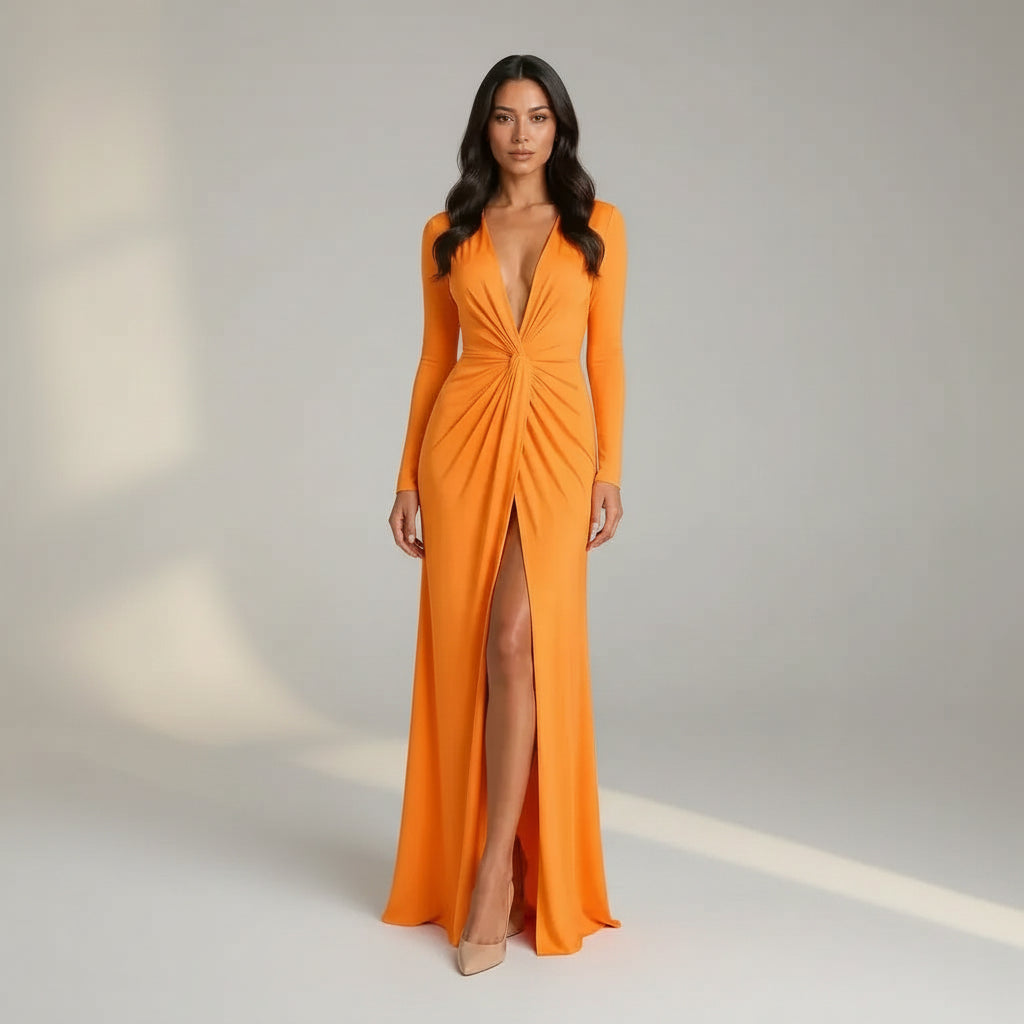 Elegant Bodycon Wedding Guest Dress with Sleeves Orange 4