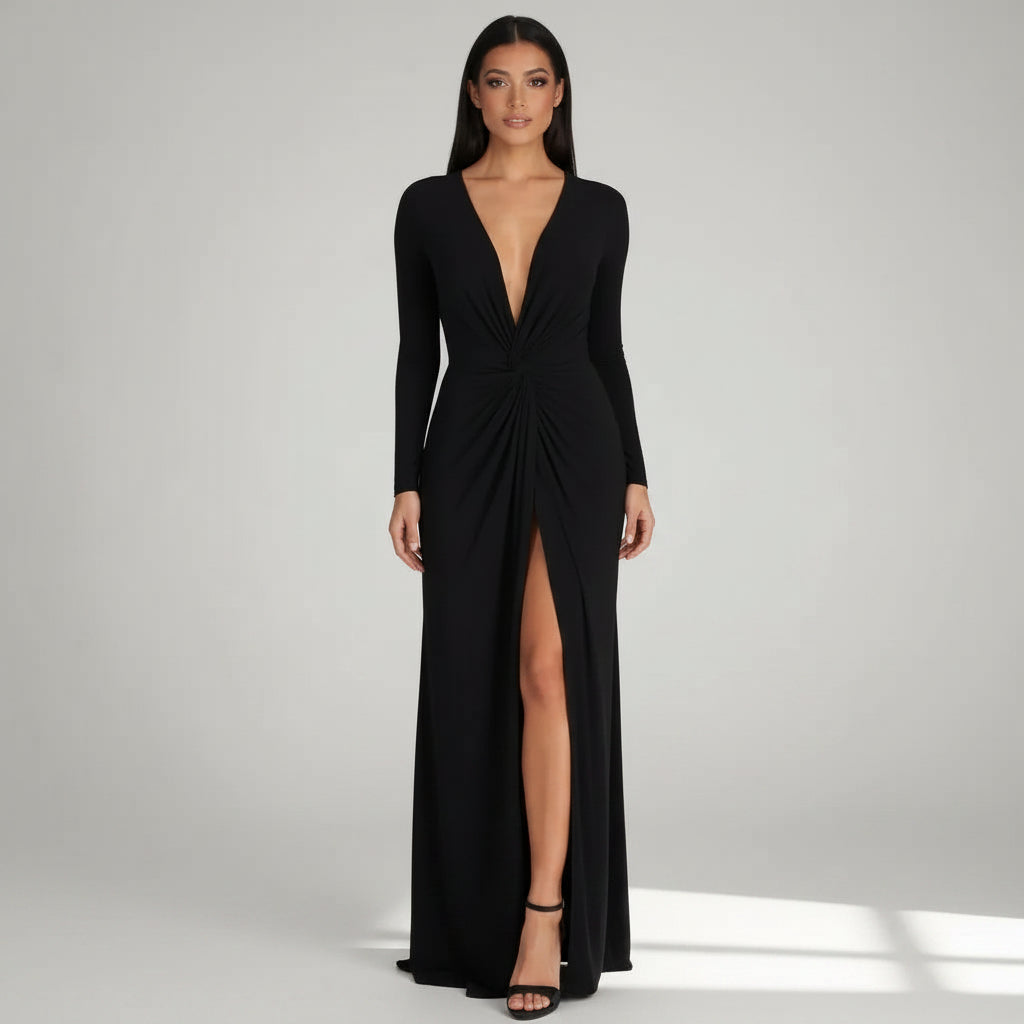 Elegant Bodycon Wedding Guest Dress with Sleeves Black 5