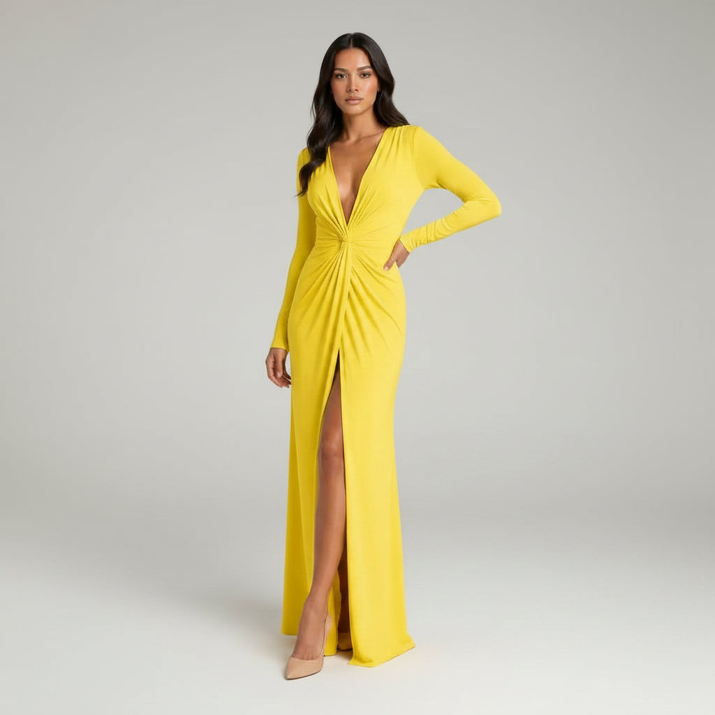 Elegant Bodycon Wedding Guest Dress with Sleeves Yellow 8