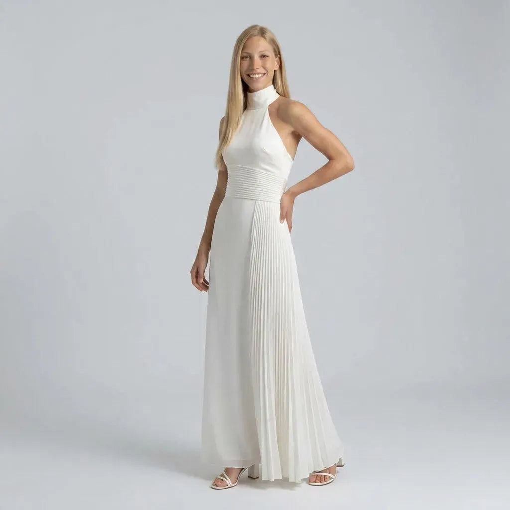 Elegant Chiffon Black Tie Dress with Halter Neck White 3