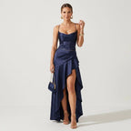 Cowl Neck Maxi Dress with High Slit in Dark Blue – 10