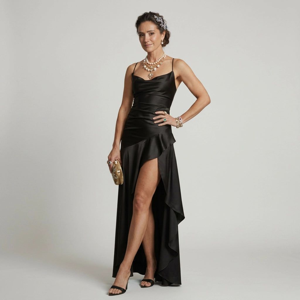 Cowl Neck Maxi Dress with High Slit in Black – 13