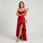 Cowl Neck Maxi Dress with High Slit in Red – 3