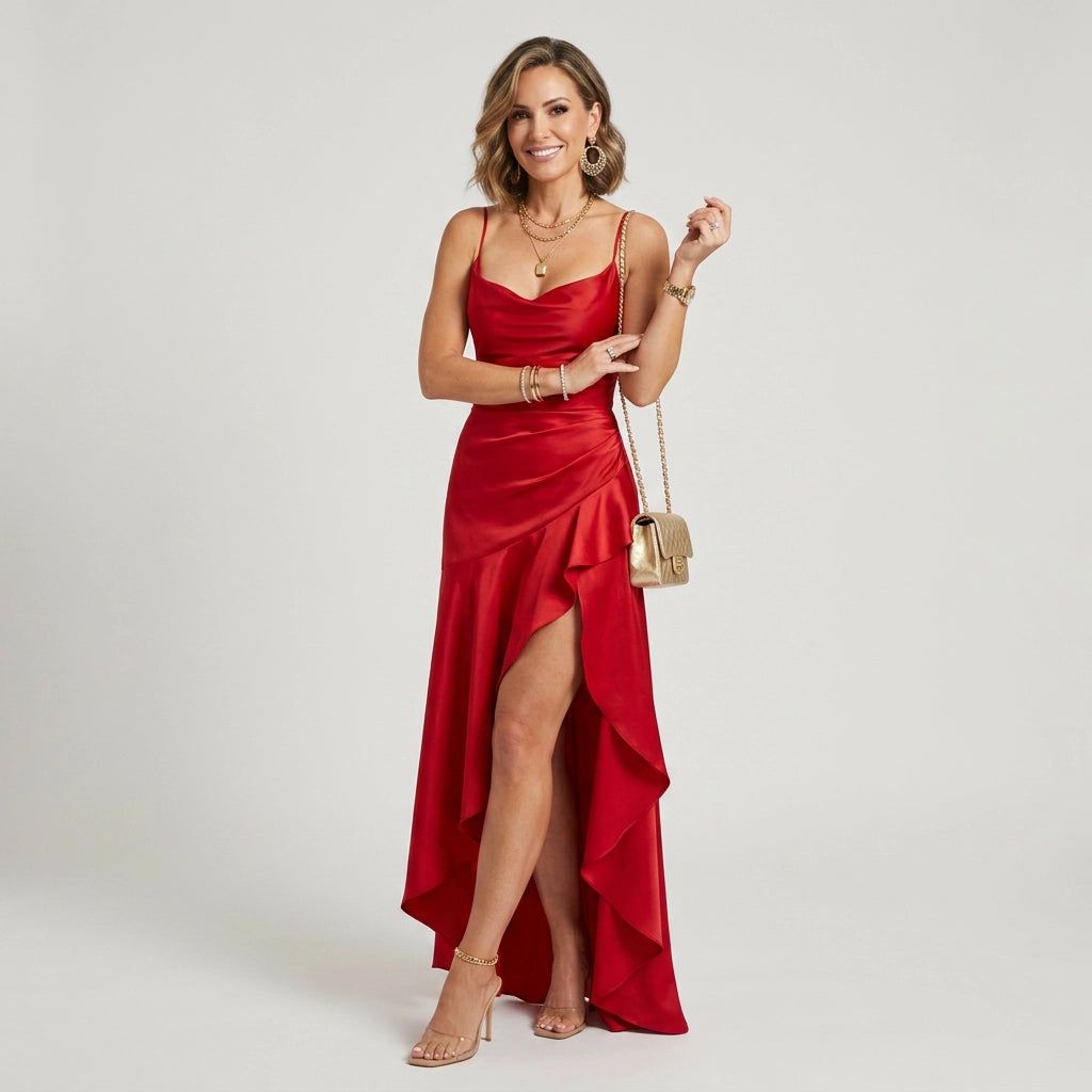 Cowl Neck Maxi Dress with High Slit in Red – 3