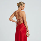 Cowl Neck Maxi Dress with High Slit in Red – 4