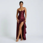 Cowl Neck Maxi Dress with High Slit in Dark Red – 5