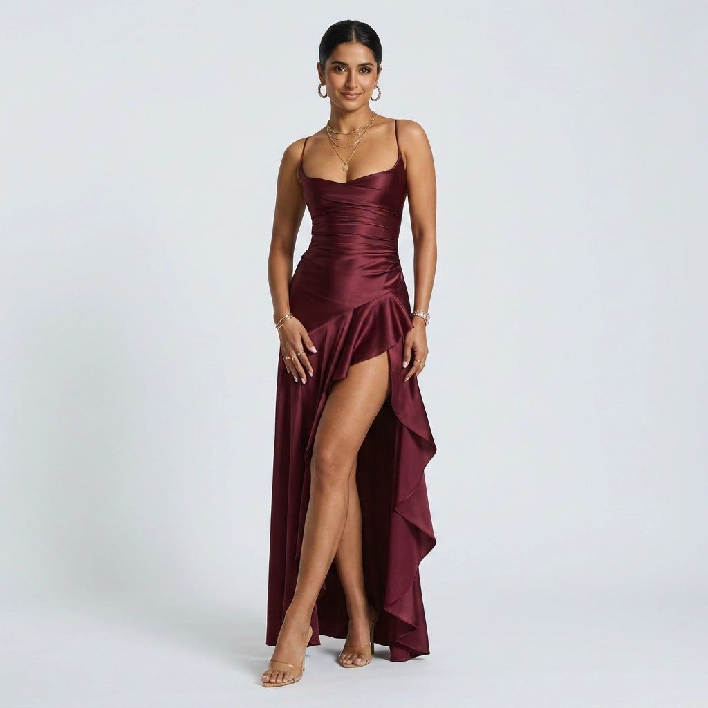 Cowl Neck Maxi Dress with High Slit in Dark Red – 5
