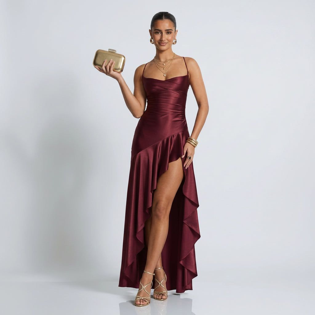 Elegant Floor-Length Maxi Dress with Waterfall Neckline in Dark Red – 8