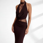 Elegant Halter Neck Wedding Guest Dress with Lace Cut Out Brown 1