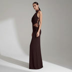 Elegant Halter Neck Wedding Guest Dress with Lace Cut Out Brown 2