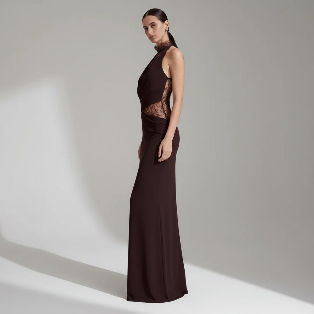 Elegant Halter Neck Wedding Guest Dress with Lace Cut Out Brown 2