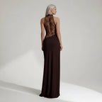 Elegant Halter Neck Wedding Guest Dress with Lace Cut Out Brown 3