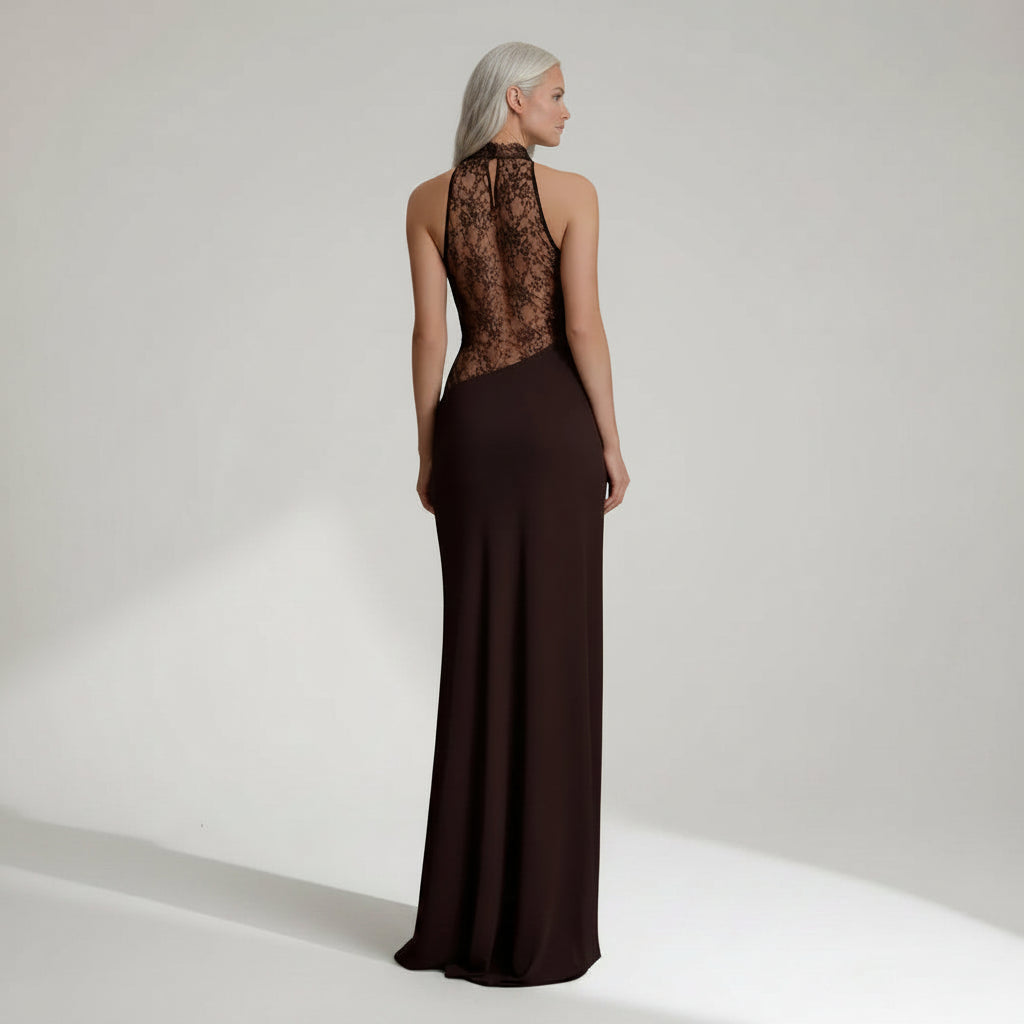 Elegant Halter Neck Wedding Guest Dress with Lace Cut Out Brown 3