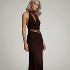 Elegant Halter Neck Wedding Guest Dress with Lace Cut Out Brown 4