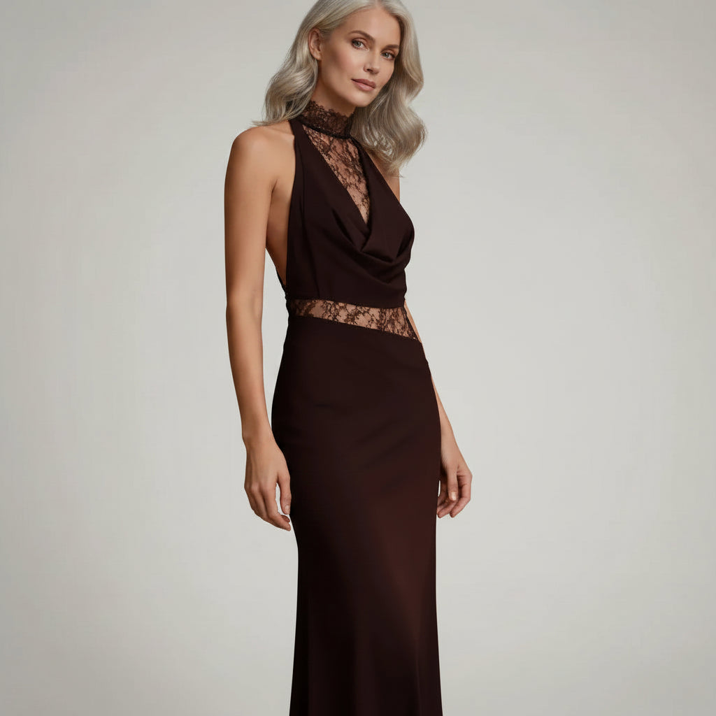 Elegant Halter Neck Wedding Guest Dress with Lace Cut Out Brown 4